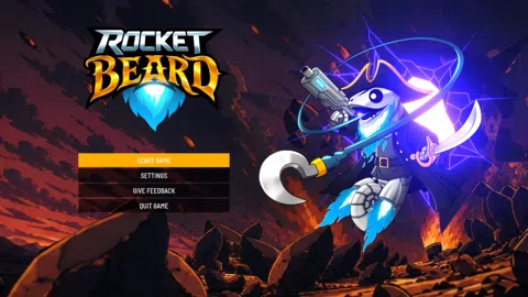Rocket Beard Hauptmenü: Logo, Startmenü und Robo-Pirat mit Hakenwaffe vor einer glühenden Felslandschaft.
