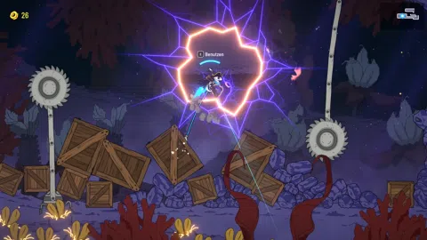 Rocket Beard Gameplay-Screenshot: Robo-Pirat springt durch ein leuchtendes Portal zwischen Kisten und Sägefallen.