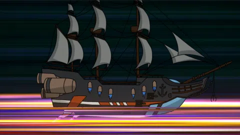 Rocket Beard Screenshot: Das Raketen-Piratenschiff fliegt mit leuchtenden Geschwindigkeitsspuren durch die Nacht.