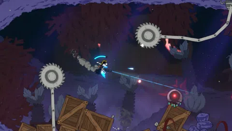 Rocket Beard Action-Screenshot: Robo-Pirat schießt zwischen Sägefallen, Kisten und Alien-Pflanzen.