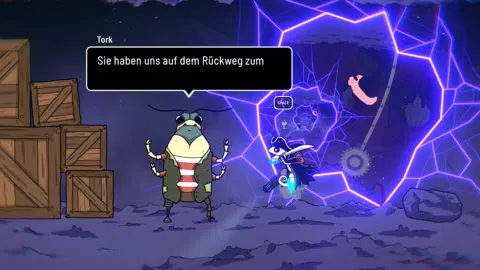 Rocket Beard Dialog-Screenshot: Robo-Pirat spricht mit einem Käfer-Charakter vor leuchtenden Portalrissen.